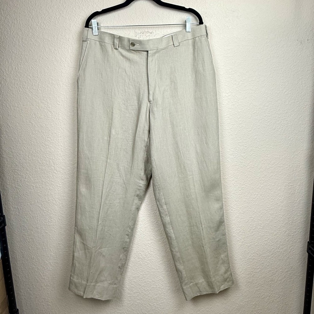 Calvin Klein Mens 36x30 100% Linen Dress Pants Beige Khaki Flat Front Trousers